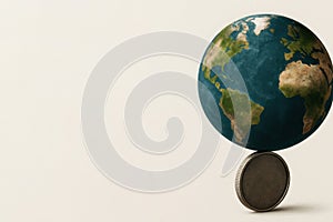 Globe balancing on the edge of a coin. Space for text.