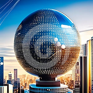 Globe with binary code on the background of the city. 3d rendering AI generated