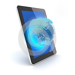 Globe with binary code emerging from a tablet