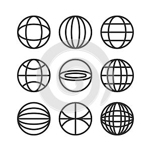 Globe black line icons pack isolated on white. Earth sphere sign internet world collection. Simple globe network circle planet