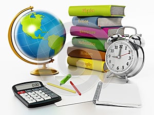 Globe, books, clock and pen sisolated on white background. 3D illustration photo