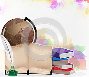 Globe, books and feather