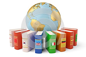The globe and books languages learn and translate education concept books in colors of national flags 3d illustration. photo