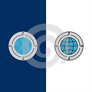 Globe, Business, Communication, Connection, Global, World  Icons. Flat and Line Filled Icon Set Vector Blue Background