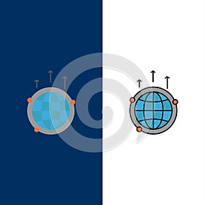 Globe, Business, Communication, Connection, Global, World  Icons. Flat and Line Filled Icon Set Vector Blue Background