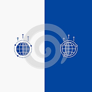 Globe, Business, Communication, Connection, Global, World Line and Glyph Solid icon Blue banner Line and Glyph Solid icon Blue