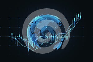 globe and candlestick forex chart on dark background. Global trade and finance concept. 3D Rendering