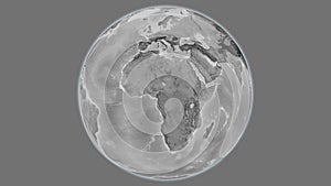 Globe centered on Cameroun. Grayscale map