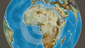 Globe centered on Cameroun neighborhood. Relief map