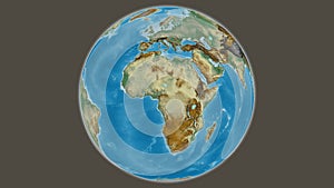 Globe centered on Cameroun. Relief map