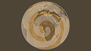 Globe centered on Cameroun. Sepia elevation map