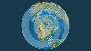 Globe centered on Canada. Physical map