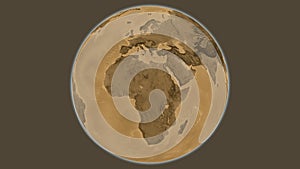 Globe centered on Chad. Sepia elevation map