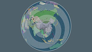 Globe centered on China. Administrative map