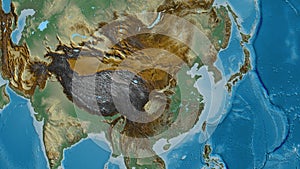 Globe centered on China neighborhood. Relief map