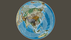 Globe centered on China. Relief map