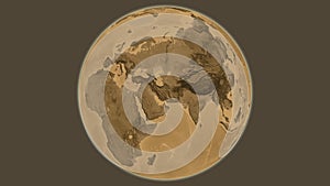 Globe centered on Iran. Sepia elevation map