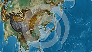 Globe centered on North Korea neighborhood. Relief map