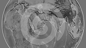 Globe centered on Oman neighborhood. Grayscale map