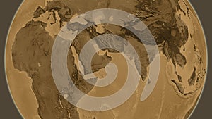 Globe centered on Oman neighborhood. Sepia elevation map