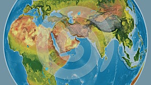 Globe centered on Oman neighborhood. Topographic map