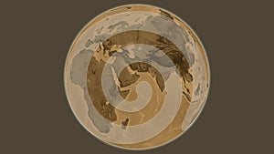 Globe centered on Oman. Sepia elevation map