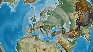 Globe centered on Slovakia neighborhood. Relief map