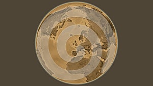 Globe centered on United Kingdom. Sepia elevation map