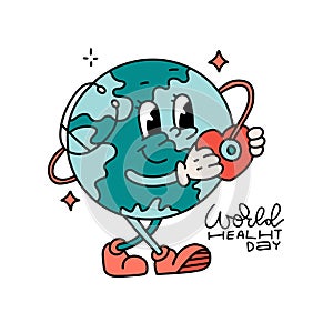 Globe character holding heart and stethoscope greetinf card design template. World Health Day. World Health Day retro