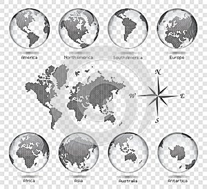 Dotted Map and Transparency Globe of the World - - Continents - America Europe Asia Africa Australia - Vector eps design illustrat