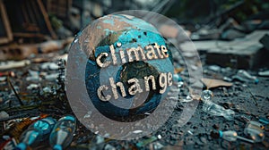 Globe with climate change text among discarded trash.