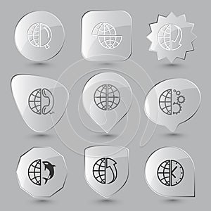 globe and clock, and array up, and shamoo, and gears, and phone, and array down, and magnifying glass, shift globe.