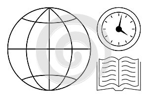 Globe with Clock and Open Book Representing Time, Knowledge, and Global Connection