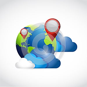 Globe clouds and locator pointers illustration