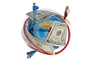 Globe coiled with wires and dollars