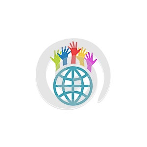 Globe and colorful hands up, mockup volunteer charity logo