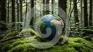 Globe depicting Earth resting on moss in a lush, dense forest, illustrating nature\'s connection to Earth photo