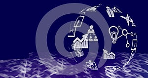Globe of digital icons spinning against binary coding data processing on blue background