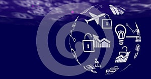 Globe of digital icons spinning against binary coding data processing on blue background
