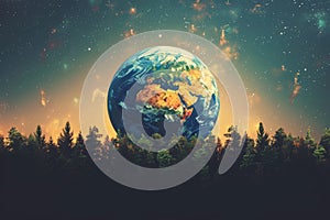 Globe of Earth amidst forest and stars for environmental consciousness.