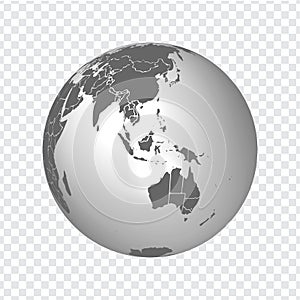 Globe of Earth with borders of all countries. 3d icon Globe in gray. High quality world map in gray. South Asia, Australia with al