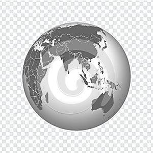 Globe of Earth with borders of all countries. 3d icon Globe in gray on transparent background. High quality world map in gray.  As