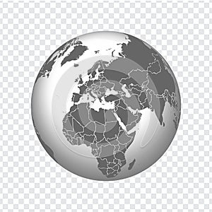 Globe of Earth with borders of all countries. 3d icon Globe in gray on transparent background. High quality world map in gray.  Eu