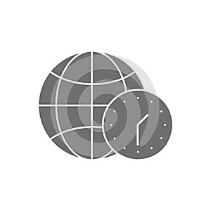 Globe earth with clock, world time grey fill icon. Global technology, internet, social network symbol design.