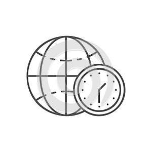 Globe earth with clock, world time lineal icon. Global technology, internet, social network symbol design.