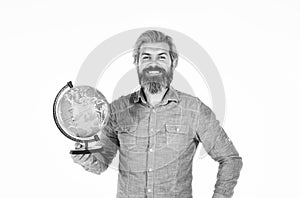 The globe Earth. Global networking and international business concept. happy bearded man with atlas. Social Media