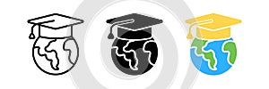 Globe earth in graduation hat icon. International global education vector. University, college or school learning online