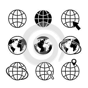 Globe earth icons. World map icon. Global communication simple logo. Geography location in tourism travel symbol. Arrow around photo