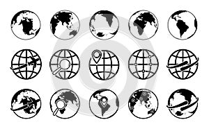 Globe earth icons. World maps with plane, arrow, network, location. Travel around planet. Global internet business. Symbol of