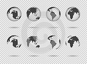 Globe earth. Icons of world maps. Set of 3d globus with europe, asia, africa, usa, australia and china. Gray simple planets on photo